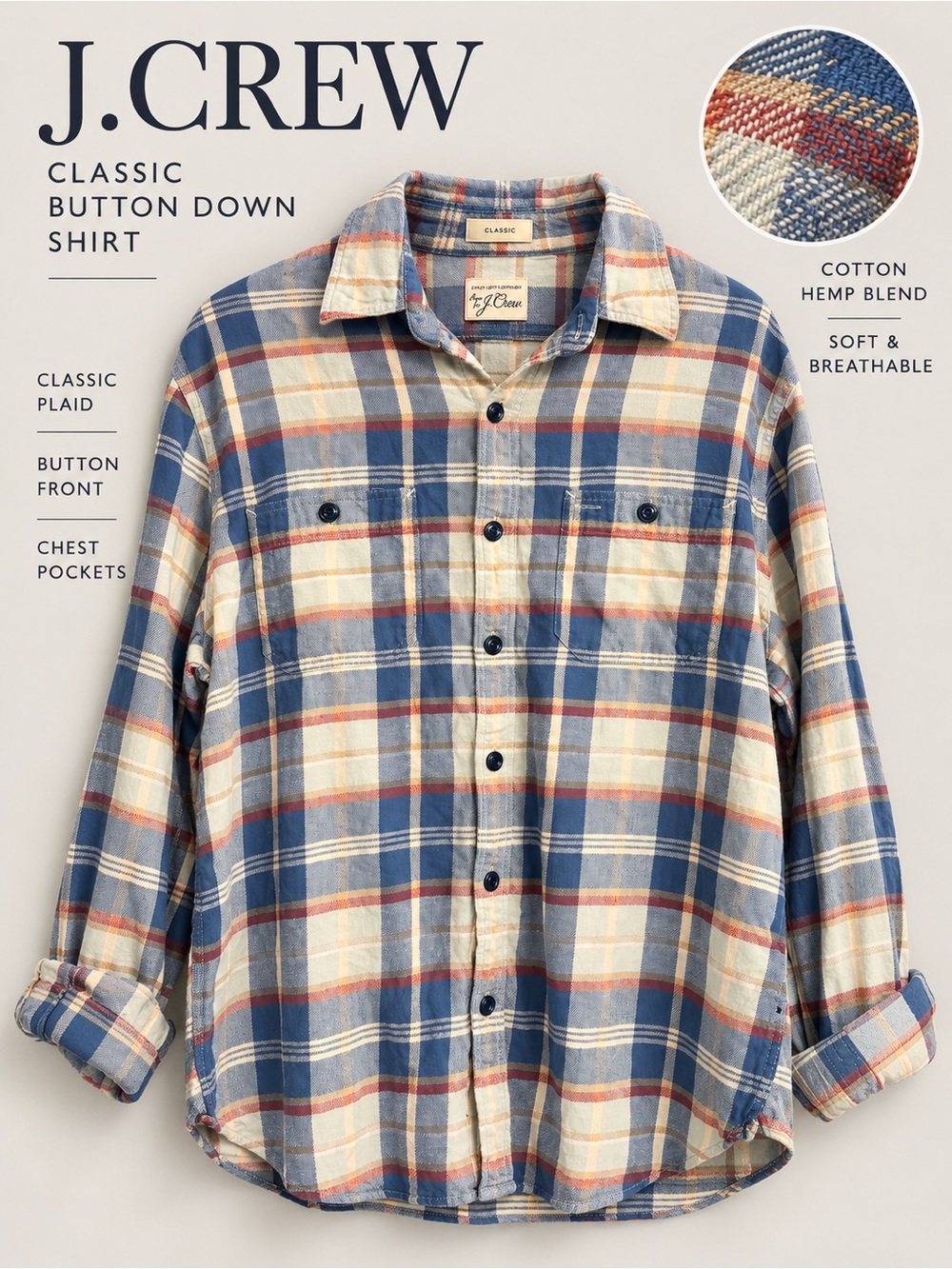 J. Crew Classic Plaid Cotton Hemp Button Down Shirt Blue Red Large